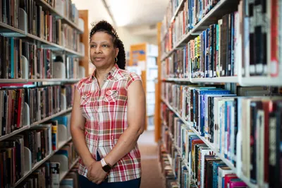 Librarian Theresa Tyree stands for a portrait in the Prescott/Nevada County Library in Prescott, Ark. on Sept. 6, 2023. Photo by Rory Doyle.